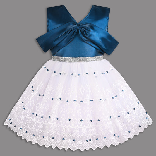 Elegant Satin & Net Party Dress for Girls – Sleeveless Design with Bow and Embellished Lace Skirt