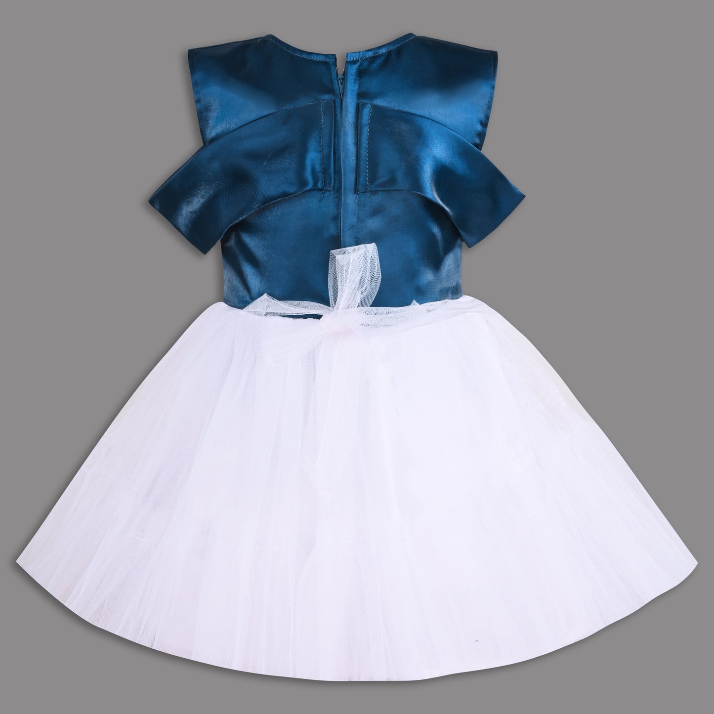 Elegant Satin & Net Party Dress for Girls – Sleeveless Design with Bow and Embellished Lace Skirt