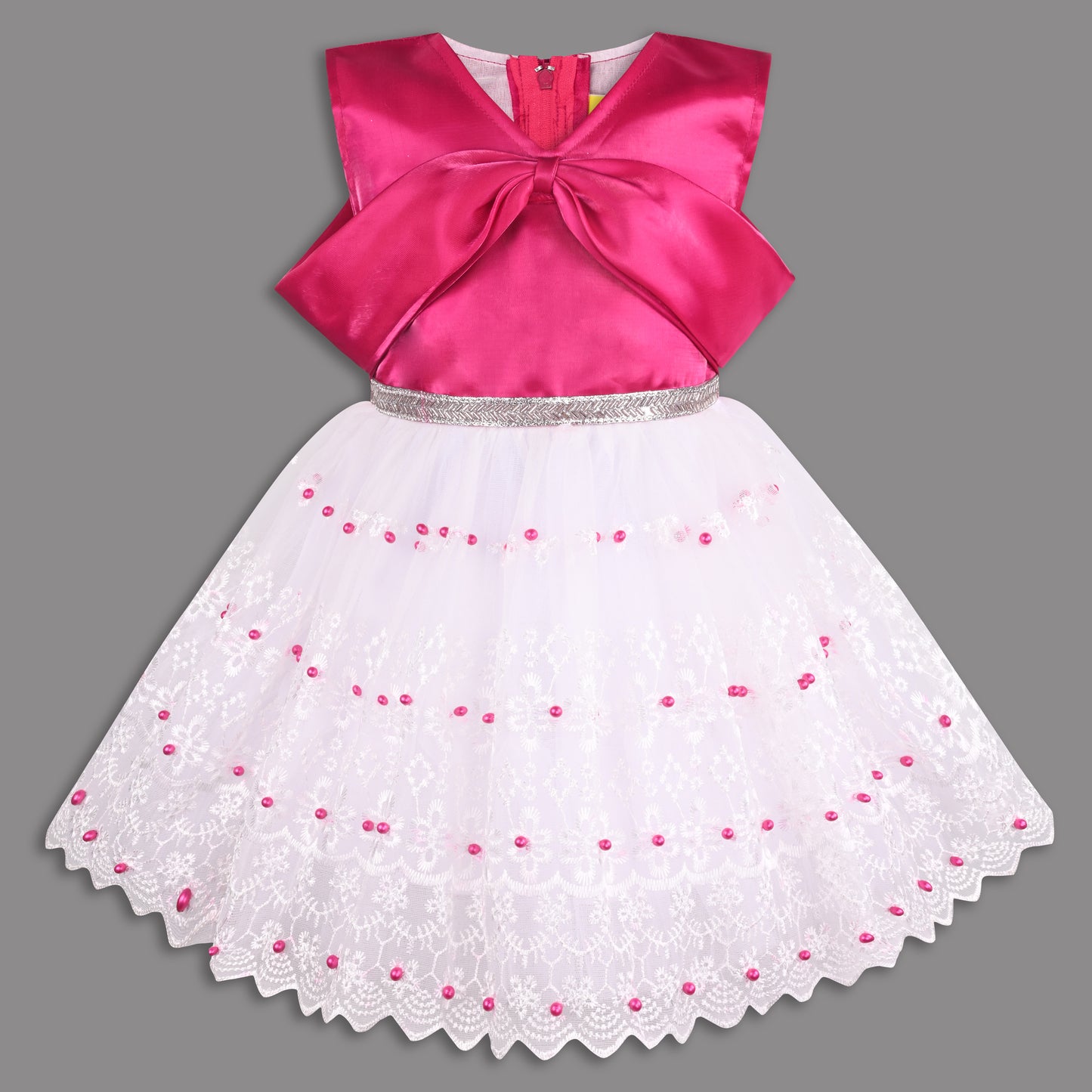 Elegant Satin & Net Party Dress for Girls – Sleeveless Design with Bow and Embellished Lace Skirt