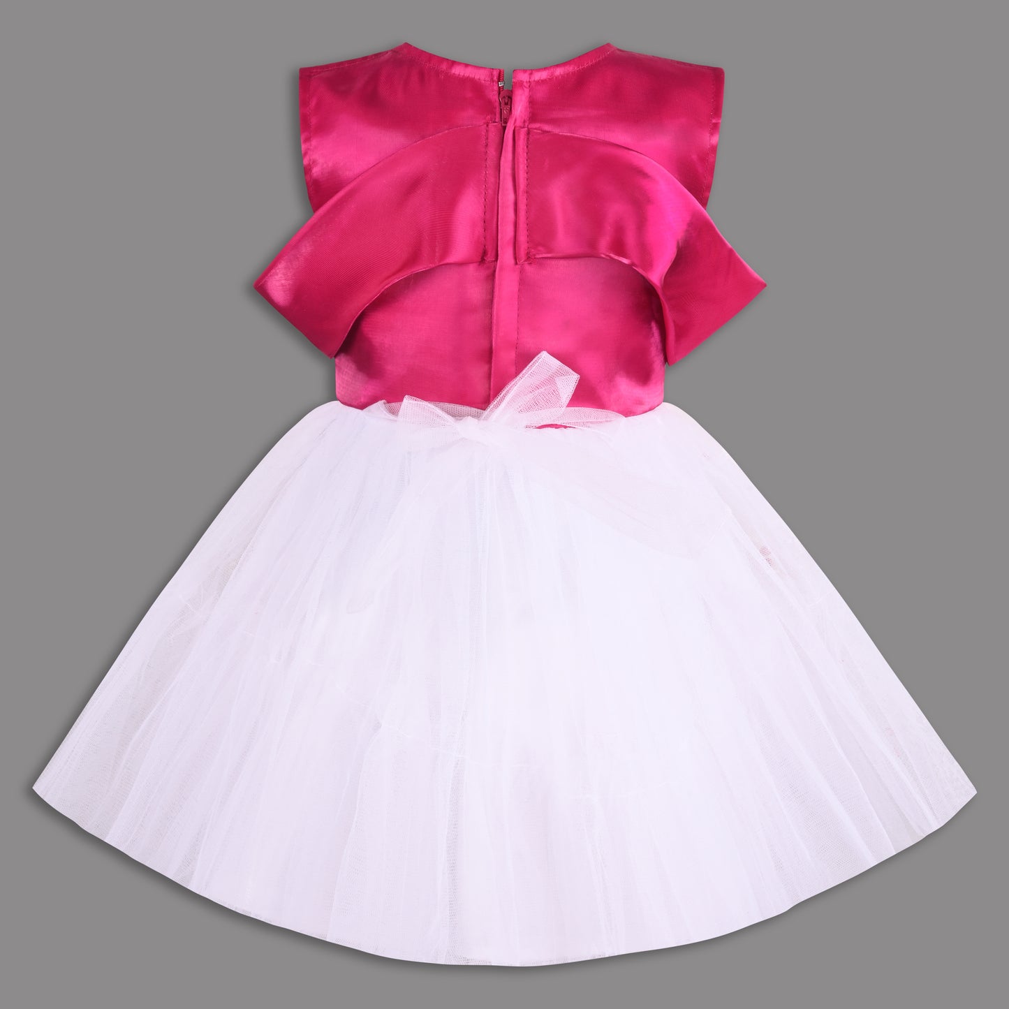Elegant Satin & Net Party Dress for Girls – Sleeveless Design with Bow and Embellished Lace Skirt