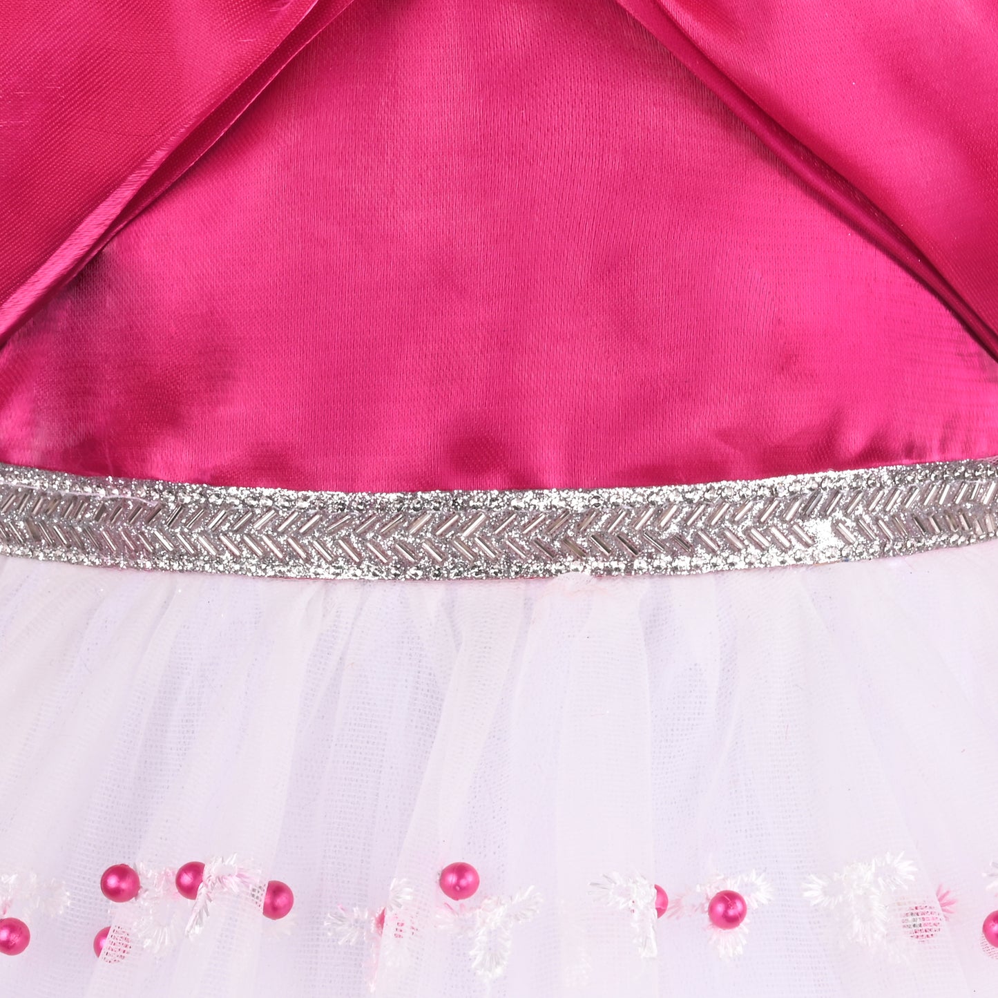 Elegant Satin & Net Party Dress for Girls – Sleeveless Design with Bow and Embellished Lace Skirt