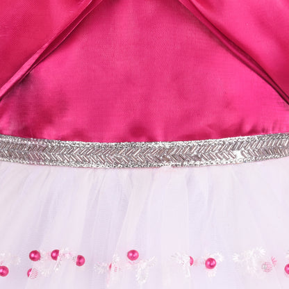 Elegant Satin & Net Party Dress for Girls – Sleeveless Design with Bow and Embellished Lace Skirt