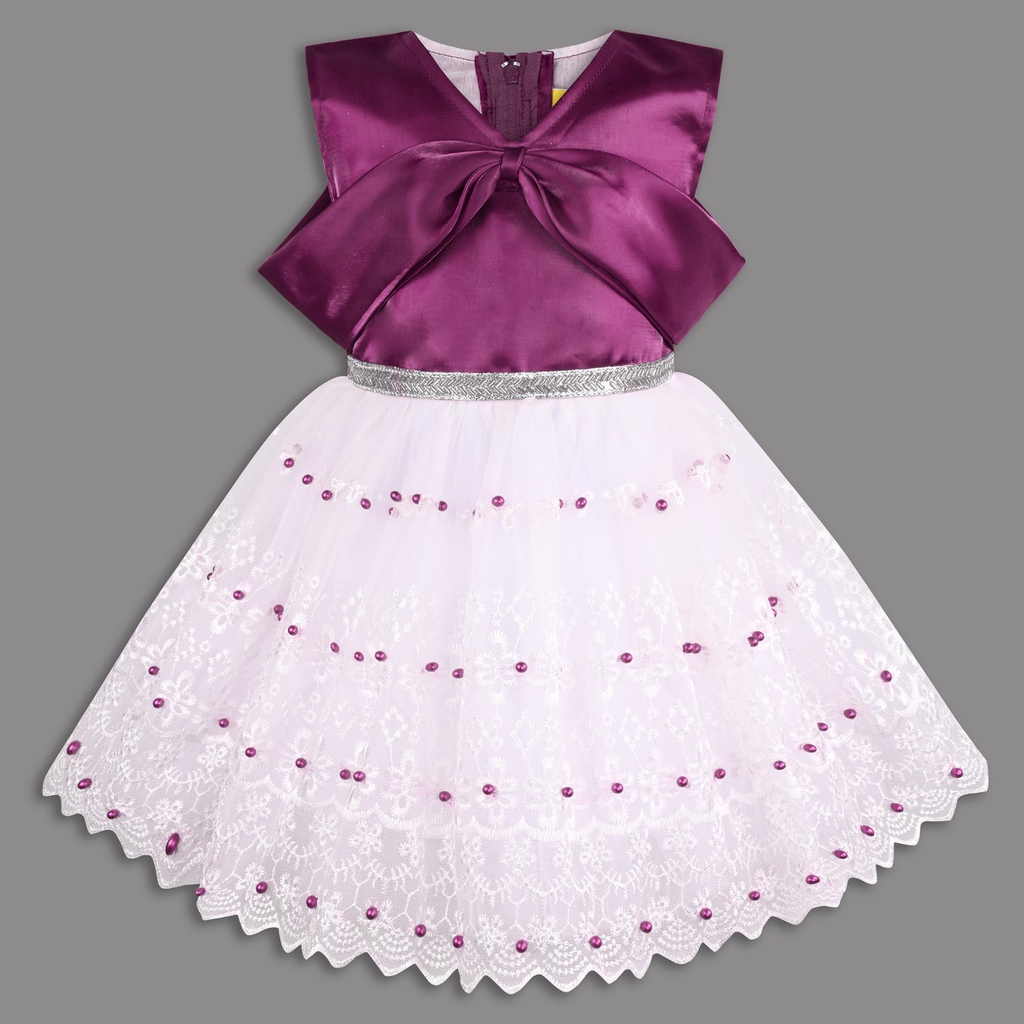 Elegant Satin & Net Party Dress for Girls – Sleeveless Design with Bow and Embellished Lace Skirt