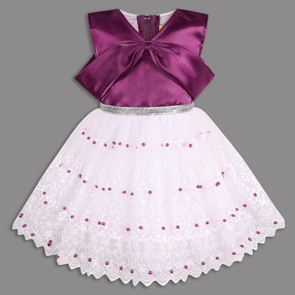 Elegant Satin & Net Party Dress for Girls – Sleeveless Design with Bow and Embellished Lace Skirt
