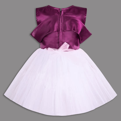 Elegant Satin & Net Party Dress for Girls – Sleeveless Design with Bow and Embellished Lace Skirt