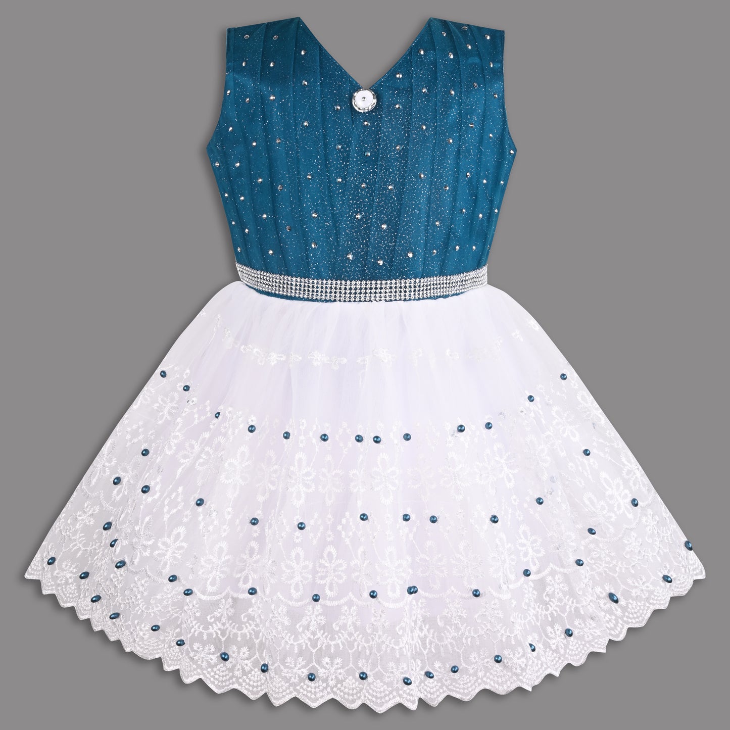 Stylish Net Party Dress for Girls – Sleeveless Design with Embellished Lace and Sparkle Details