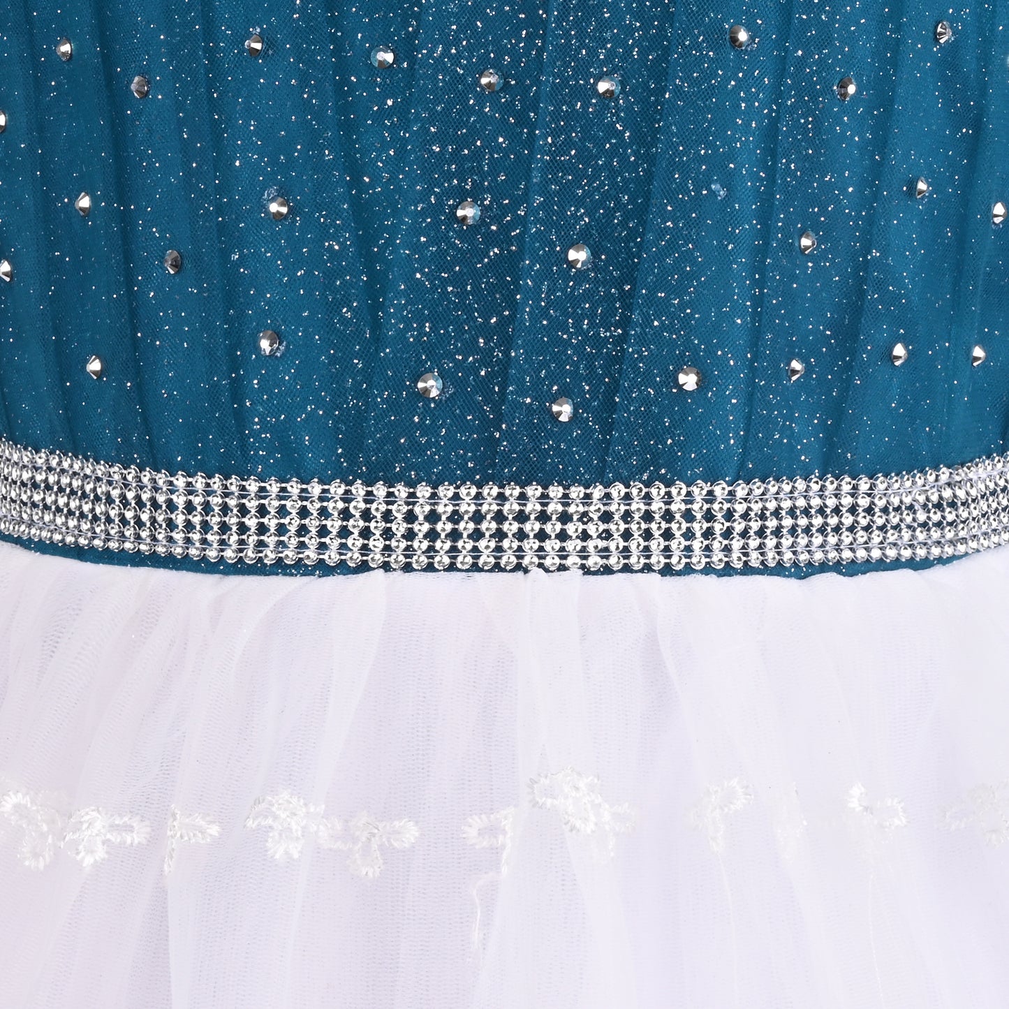 Stylish Net Party Dress for Girls – Sleeveless Design with Embellished Lace and Sparkle Details