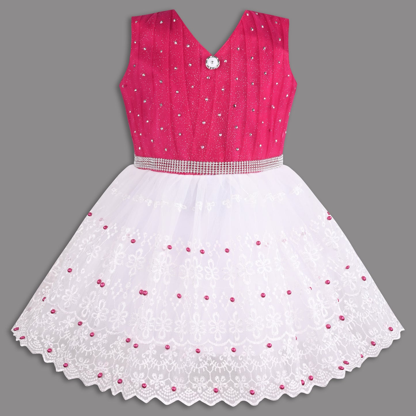 Stylish Net Party Dress for Girls – Sleeveless Design with Embellished Lace and Sparkle Details