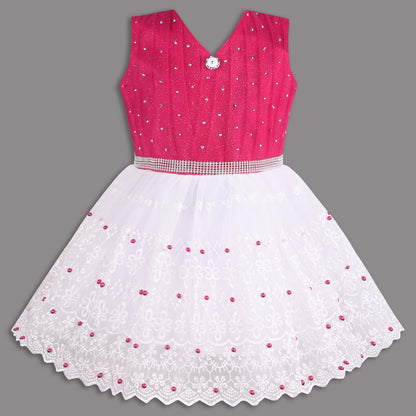 Stylish Net Party Dress for Girls – Sleeveless Design with Embellished Lace and Sparkle Details