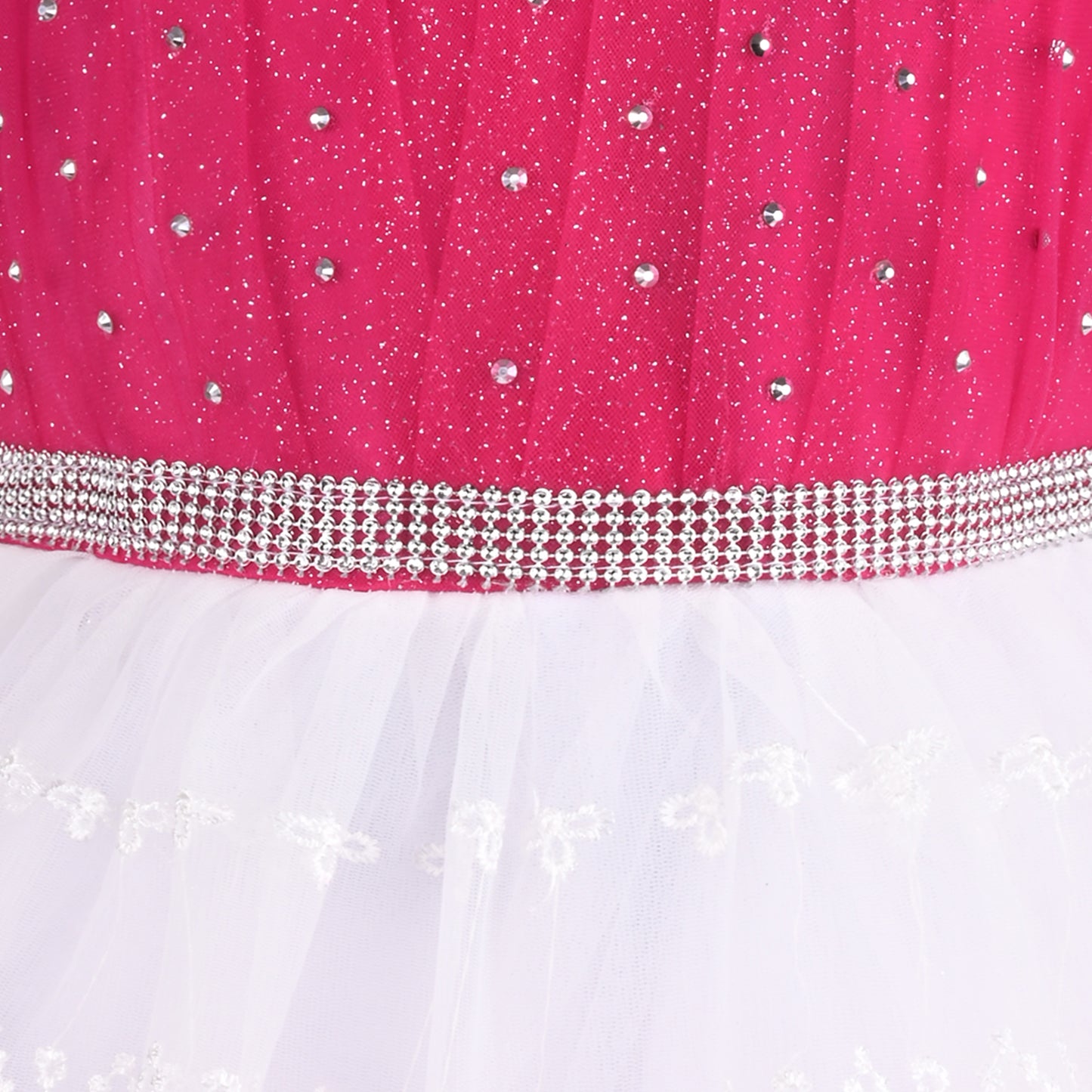 Stylish Net Party Dress for Girls – Sleeveless Design with Embellished Lace and Sparkle Details