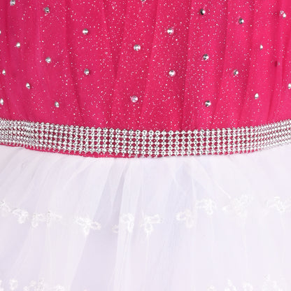 Stylish Net Party Dress for Girls – Sleeveless Design with Embellished Lace and Sparkle Details