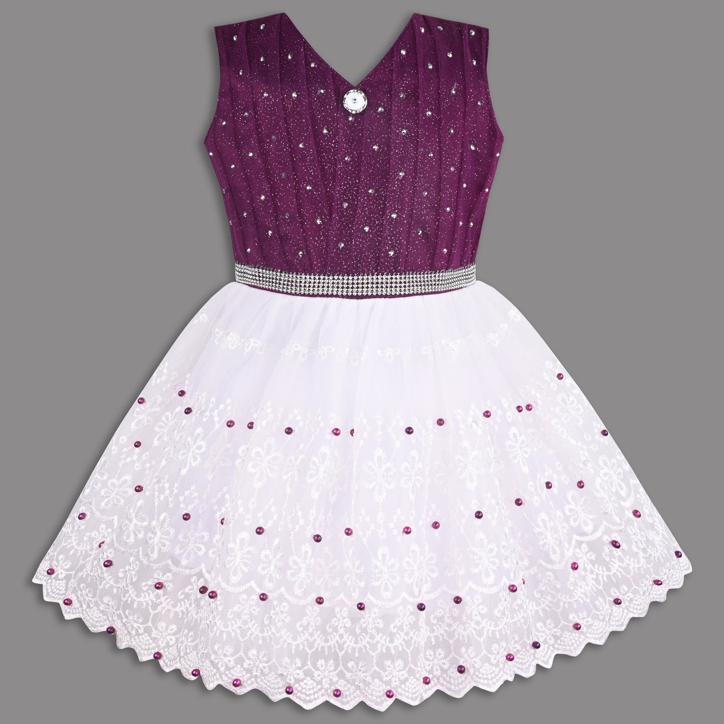 Stylish Net Party Dress for Girls – Sleeveless Design with Embellished Lace and Sparkle Details