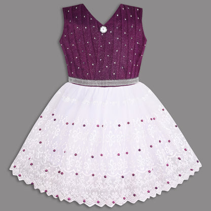 Stylish Net Party Dress for Girls – Sleeveless Design with Embellished Lace and Sparkle Details