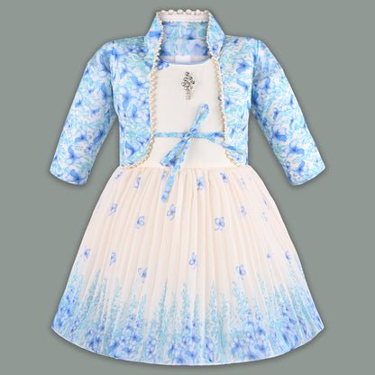 Baby Girls Georgette Party Wear Dress with Jacket | Floral Printed Frock & Long Sleeve Ethnic Jacket | Birthday & Festive Outfit