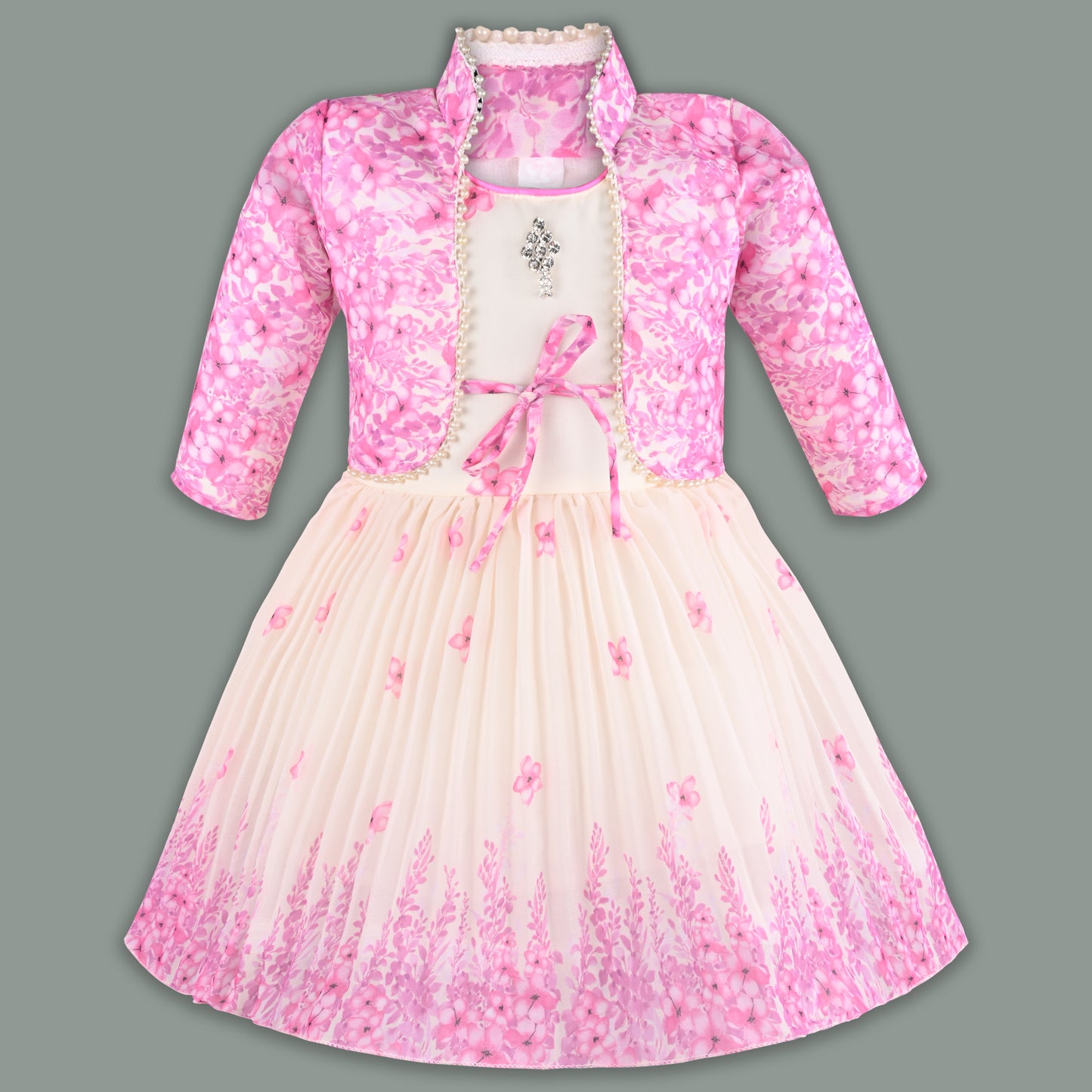 Baby Girls Georgette Party Wear Dress with Jacket | Floral Printed Frock & Long Sleeve Ethnic Jacket | Birthday & Festive Outfit