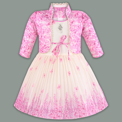 Baby Girls Georgette Party Wear Dress with Jacket | Floral Printed Frock & Long Sleeve Ethnic Jacket | Birthday & Festive Outfit