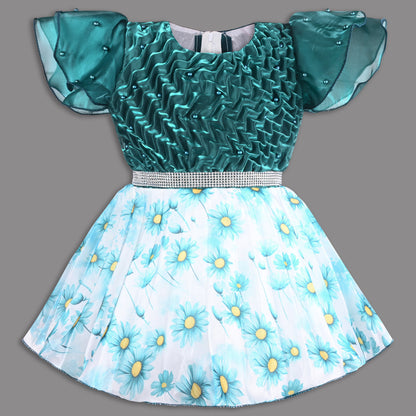 Beautiful Satin Party Dress for Girls – Puff Sleeves with Floral Print Skirt and Pearl Detailing