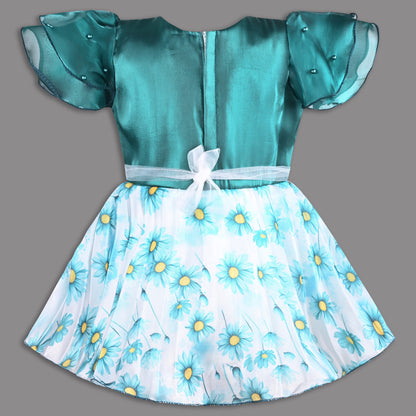 Beautiful Satin Party Dress for Girls – Puff Sleeves with Floral Print Skirt and Pearl Detailing