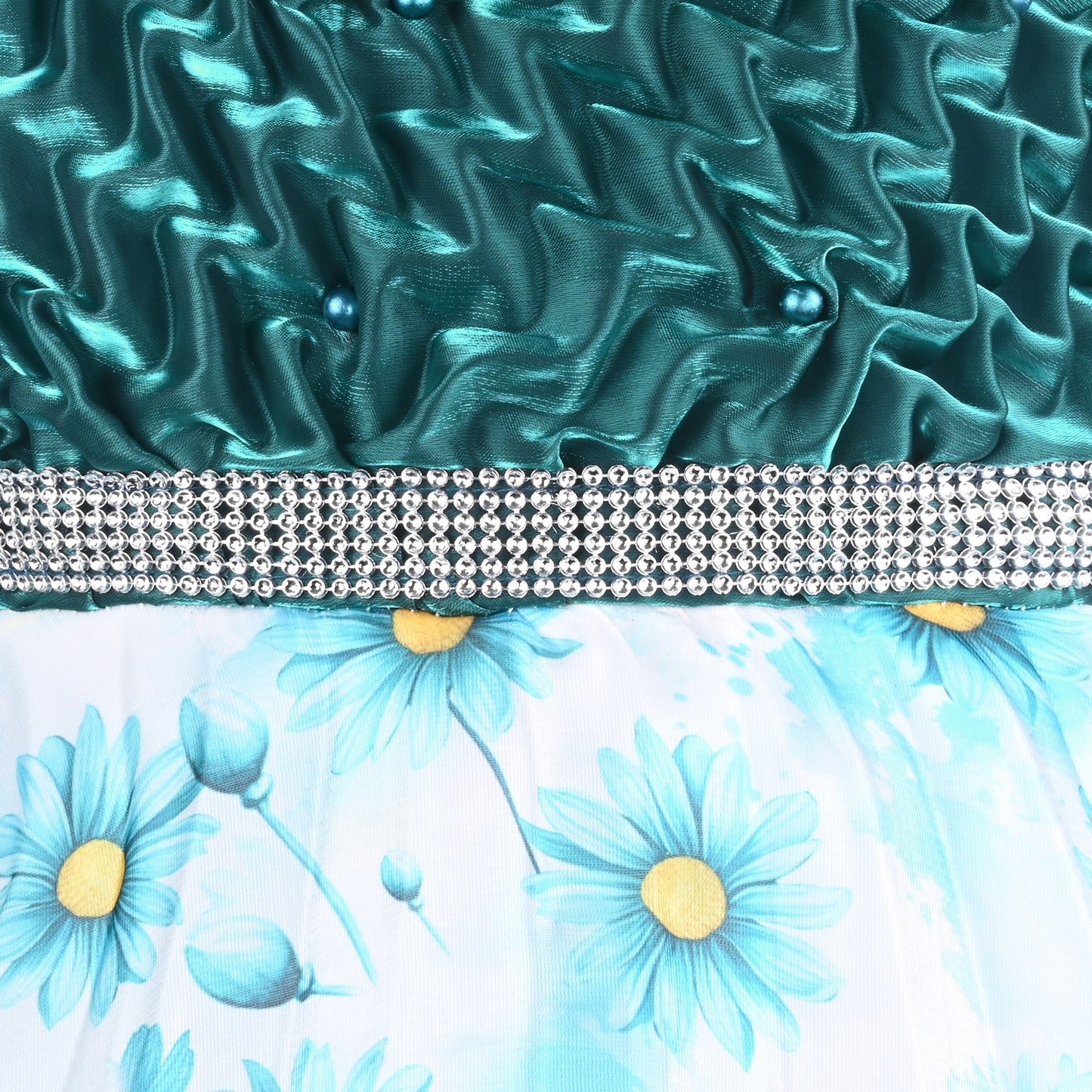 Beautiful Satin Party Dress for Girls – Puff Sleeves with Floral Print Skirt and Pearl Detailing