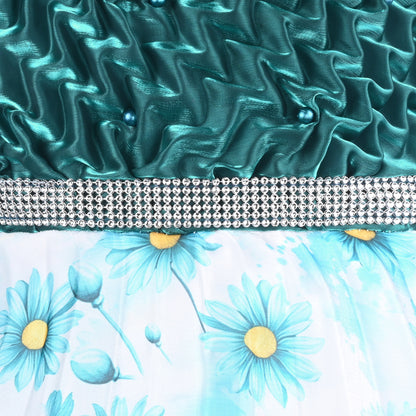 Beautiful Satin Party Dress for Girls – Puff Sleeves with Floral Print Skirt and Pearl Detailing