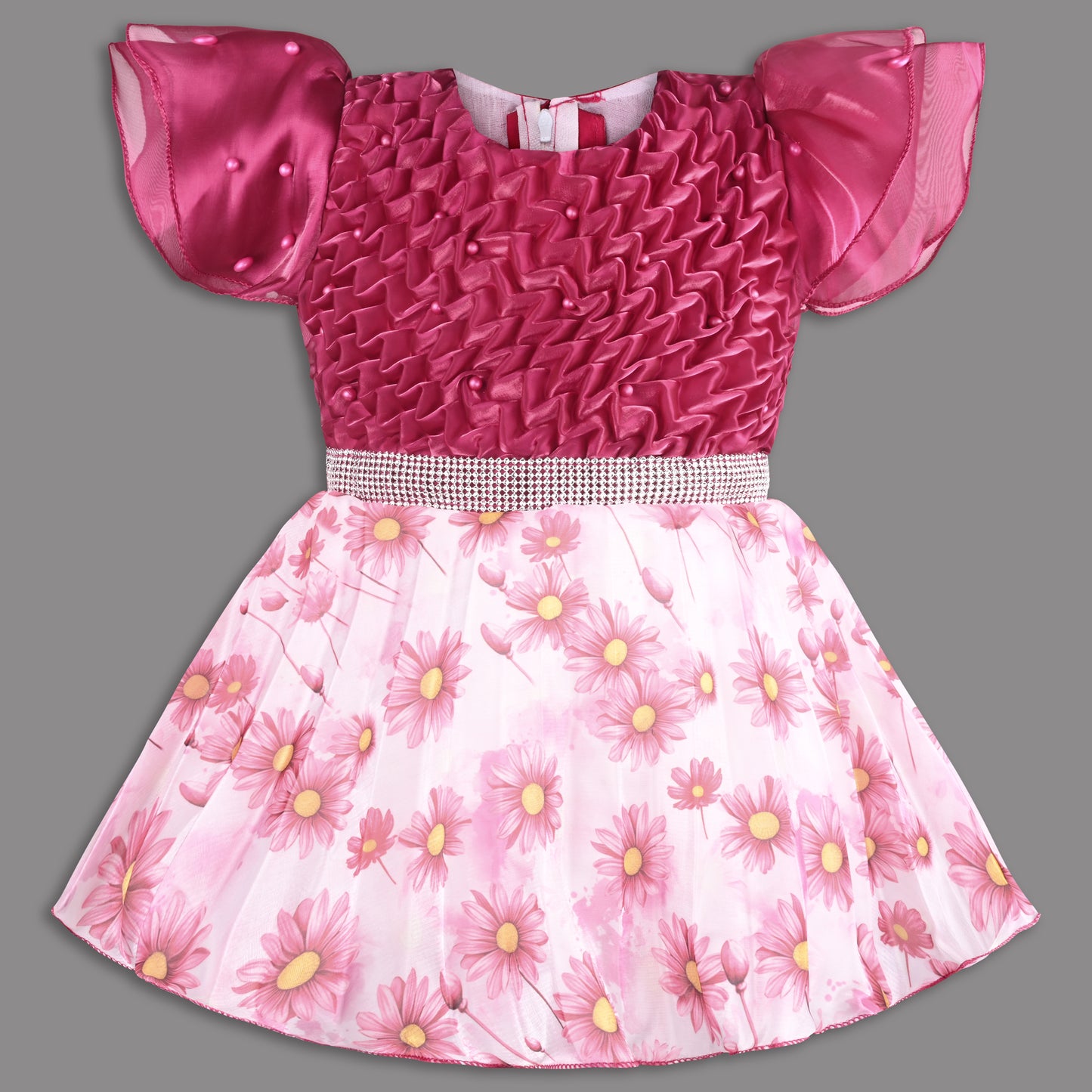 Beautiful Satin Party Dress for Girls – Puff Sleeves with Floral Print Skirt and Pearl Detailing