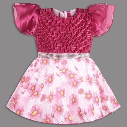Beautiful Satin Party Dress for Girls – Puff Sleeves with Floral Print Skirt and Pearl Detailing