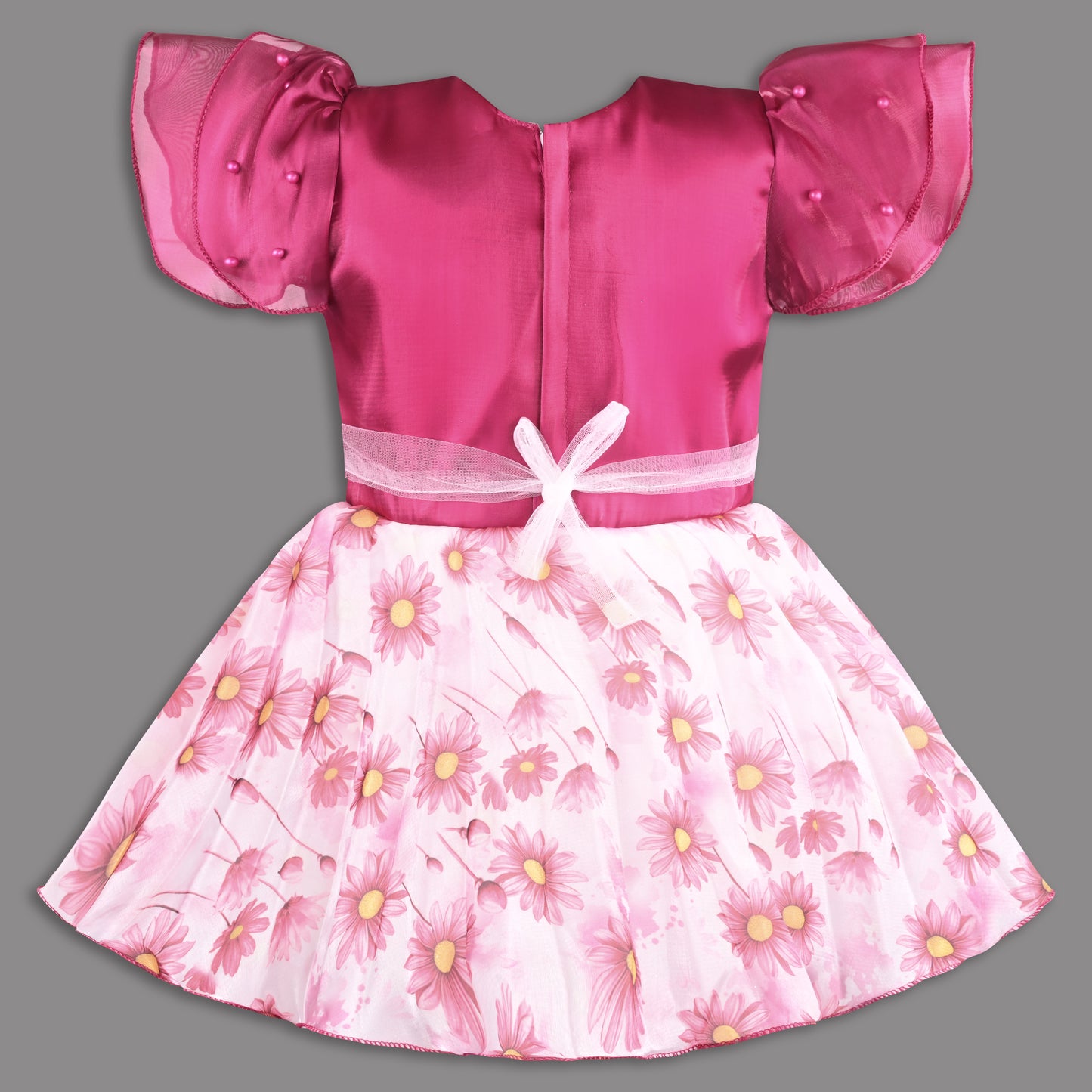 Beautiful Satin Party Dress for Girls – Puff Sleeves with Floral Print Skirt and Pearl Detailing