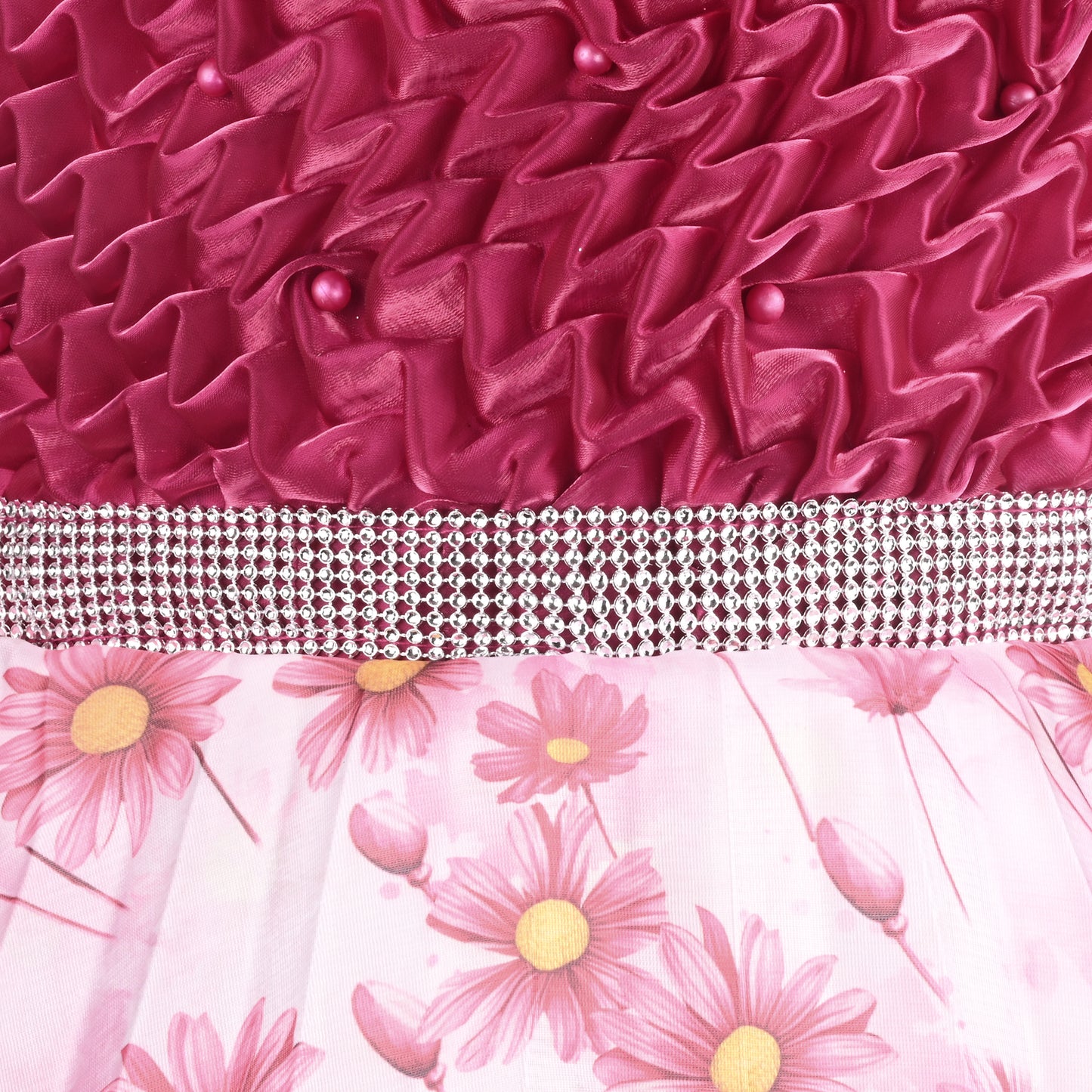 Beautiful Satin Party Dress for Girls – Puff Sleeves with Floral Print Skirt and Pearl Detailing