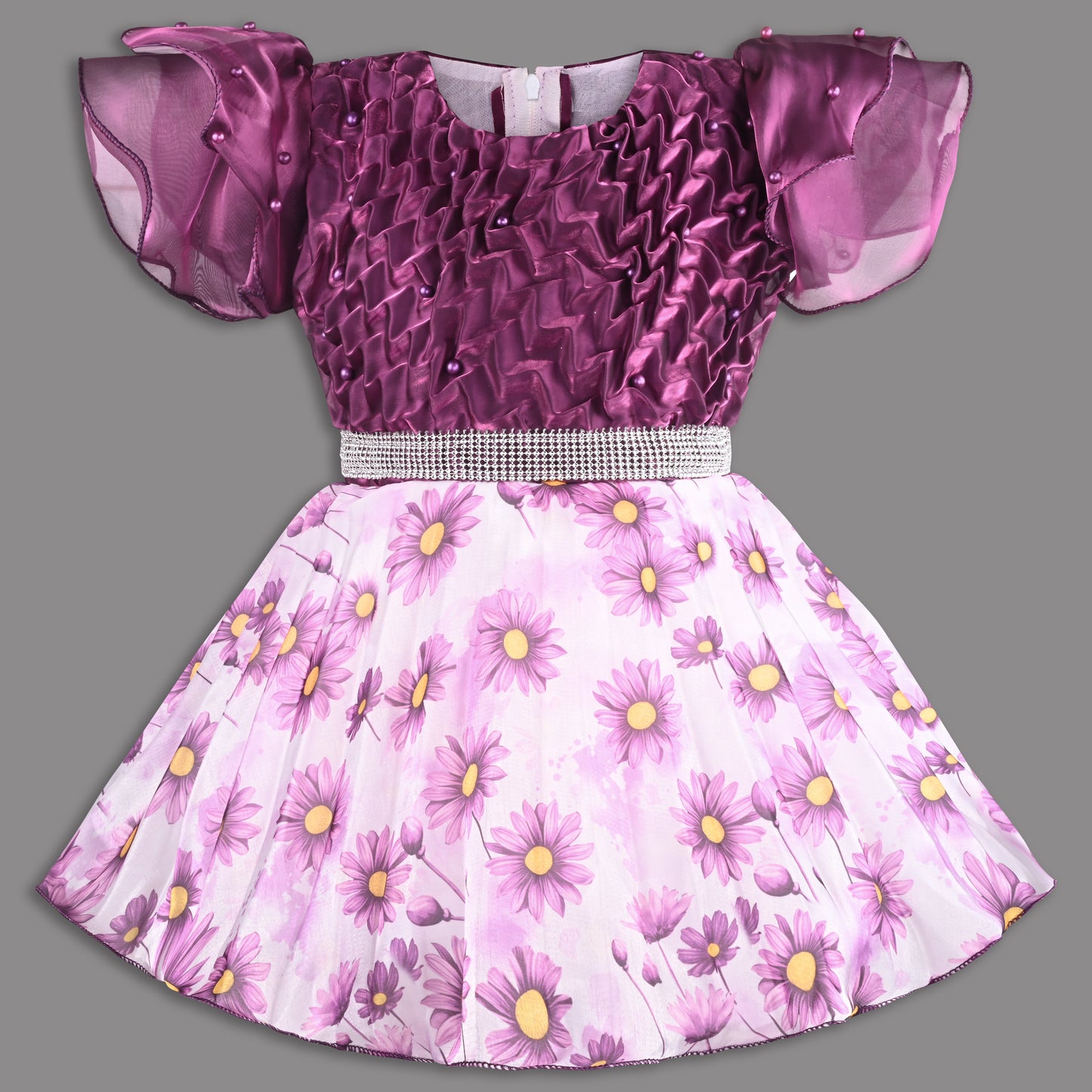 Beautiful Satin Party Dress for Girls – Puff Sleeves with Floral Print Skirt and Pearl Detailing