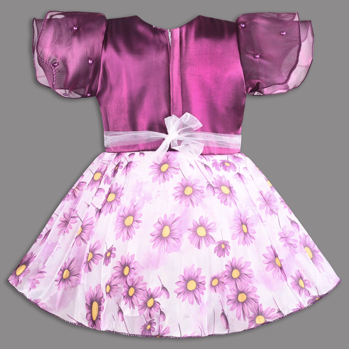 Beautiful Satin Party Dress for Girls – Puff Sleeves with Floral Print Skirt and Pearl Detailing