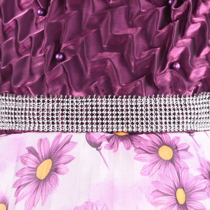 Beautiful Satin Party Dress for Girls – Puff Sleeves with Floral Print Skirt and Pearl Detailing