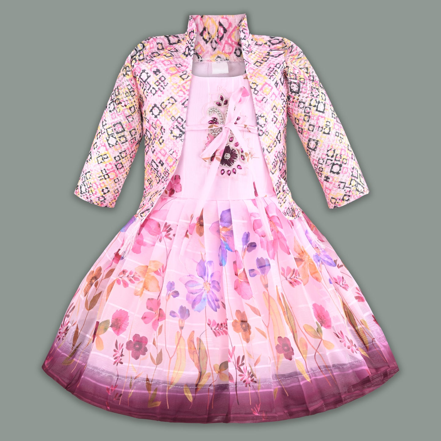 Baby Girls Georgette Party Wear Dress with Jacket | Floral Printed Frock & Embellished Inner Dress | Birthday & Festive Outfit