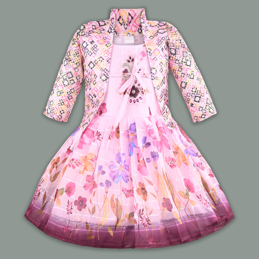 Baby Girls Georgette Party Wear Dress with Jacket | Floral Printed Frock & Embellished Inner Dress | Birthday & Festive Outfit