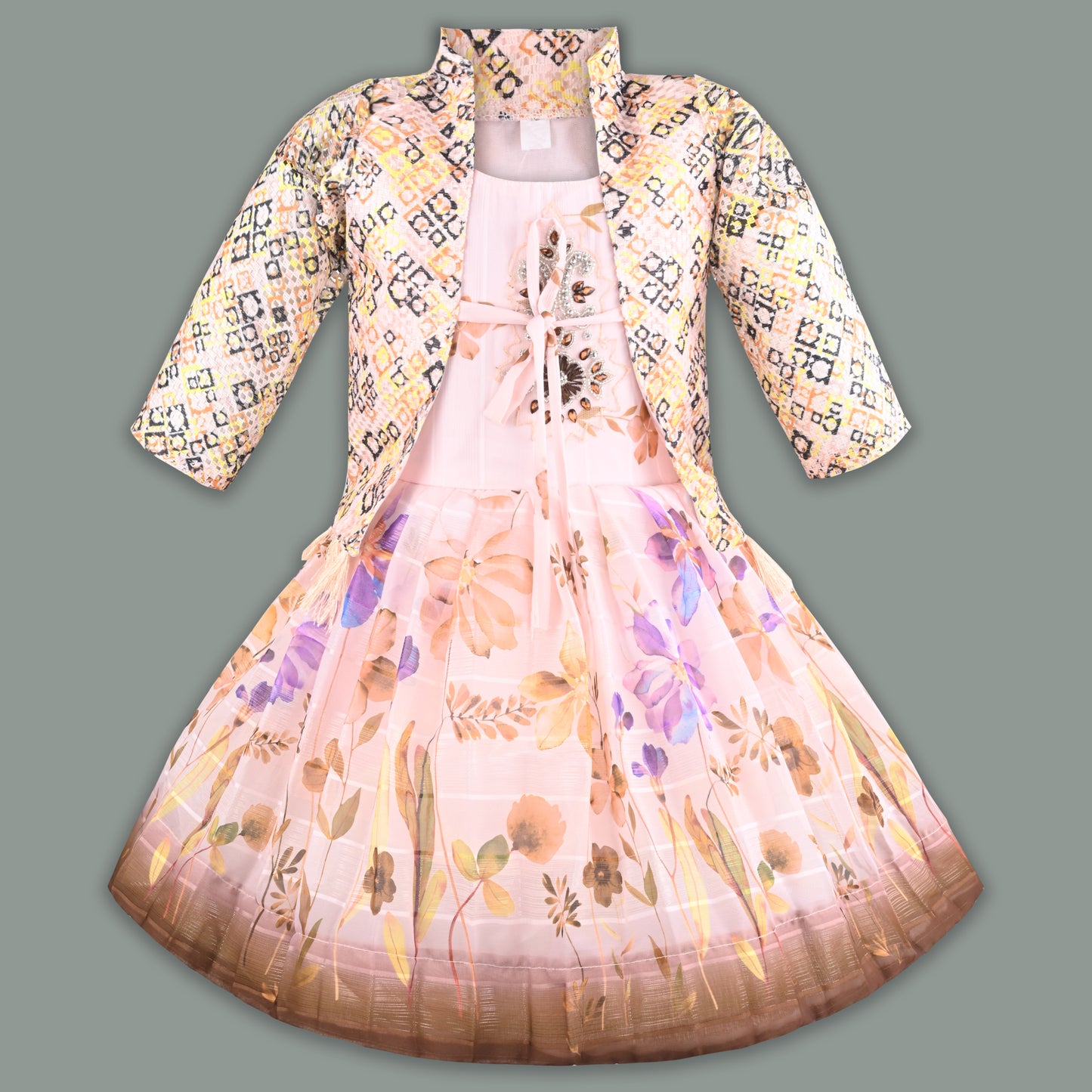 Baby Girls Georgette Party Wear Dress with Jacket | Floral Printed Frock & Embellished Inner Dress | Birthday & Festive Outfit