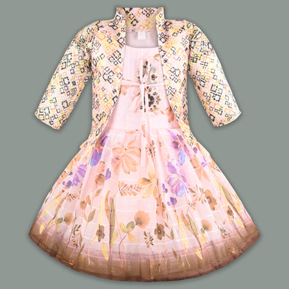 Baby Girls Georgette Party Wear Dress with Jacket | Floral Printed Frock & Embellished Inner Dress | Birthday & Festive Outfit
