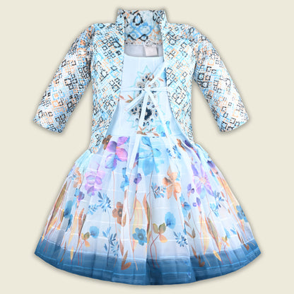 Baby Girls Georgette Party Wear Dress with Jacket | Floral Printed Frock & Embellished Inner Dress | Birthday & Festive Outfit