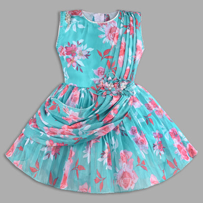 Elegant Floral Georgette Party Dress for Girls – Sleeveless Design with Drape and Flower Embellishment