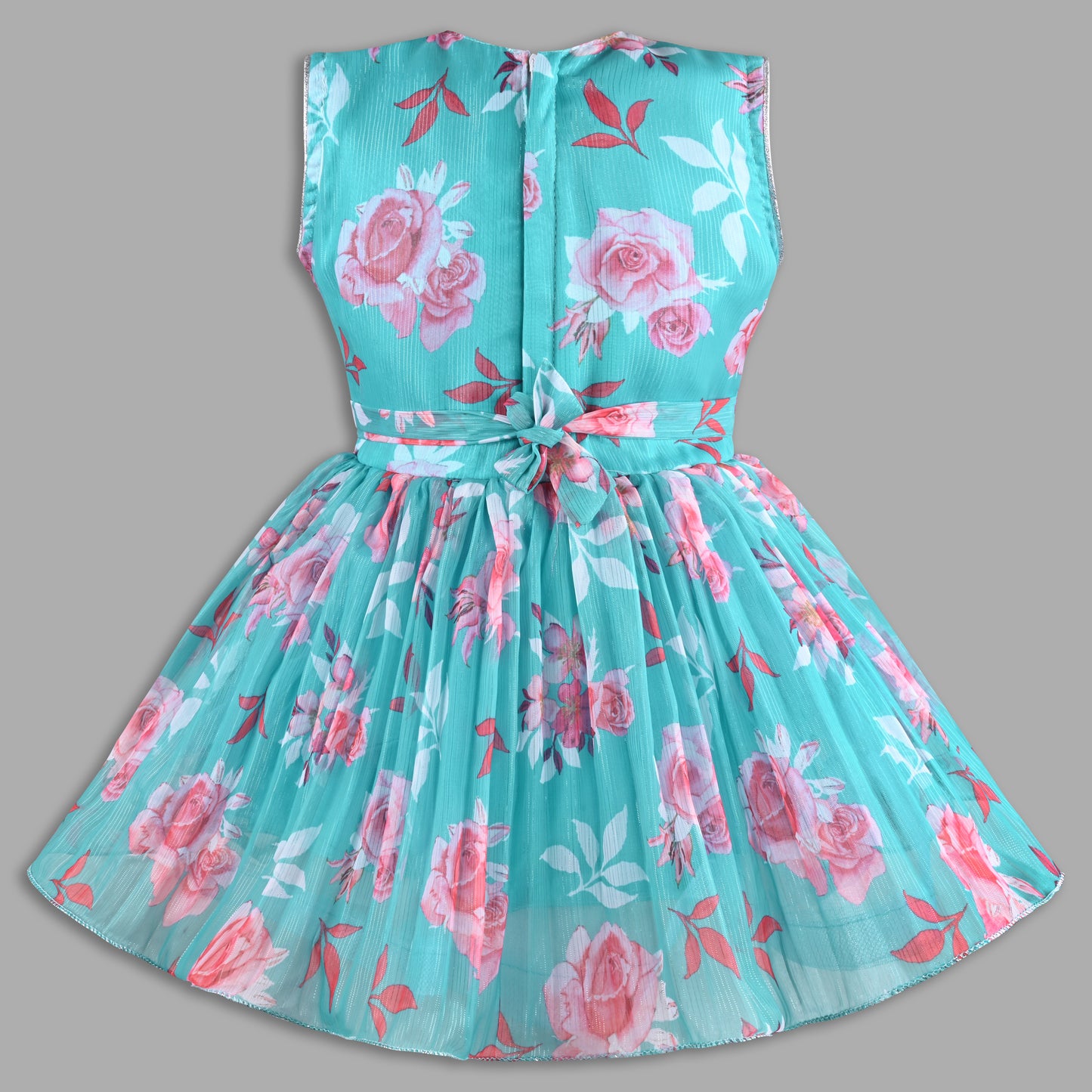 Elegant Floral Georgette Party Dress for Girls – Sleeveless Design with Drape and Flower Embellishment