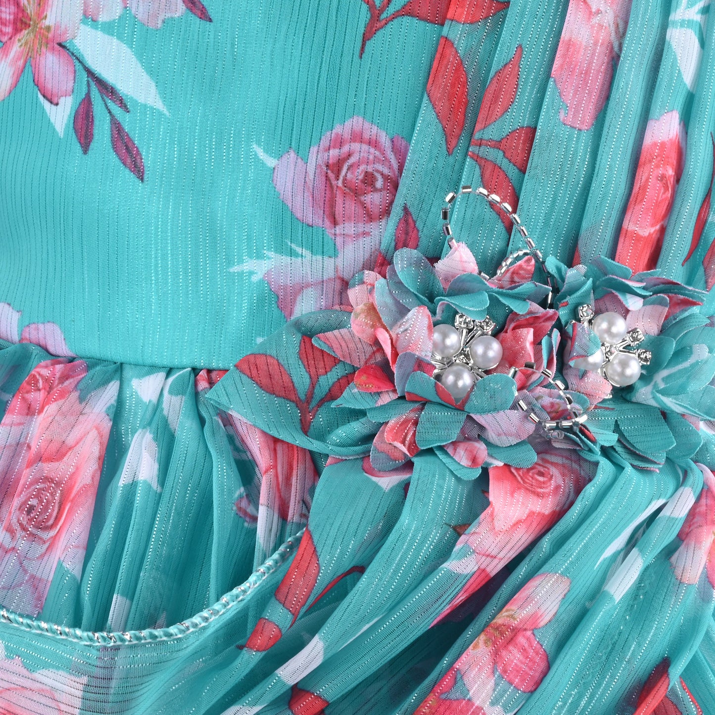 Elegant Floral Georgette Party Dress for Girls – Sleeveless Design with Drape and Flower Embellishment