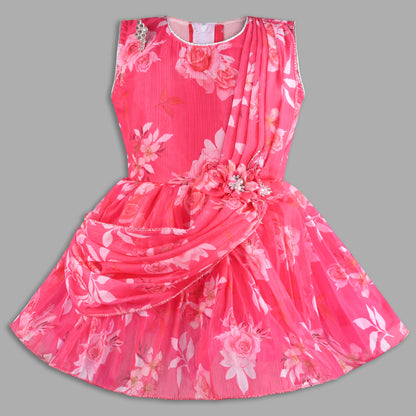 Elegant Floral Georgette Party Dress for Girls – Sleeveless Design with Drape and Flower Embellishment