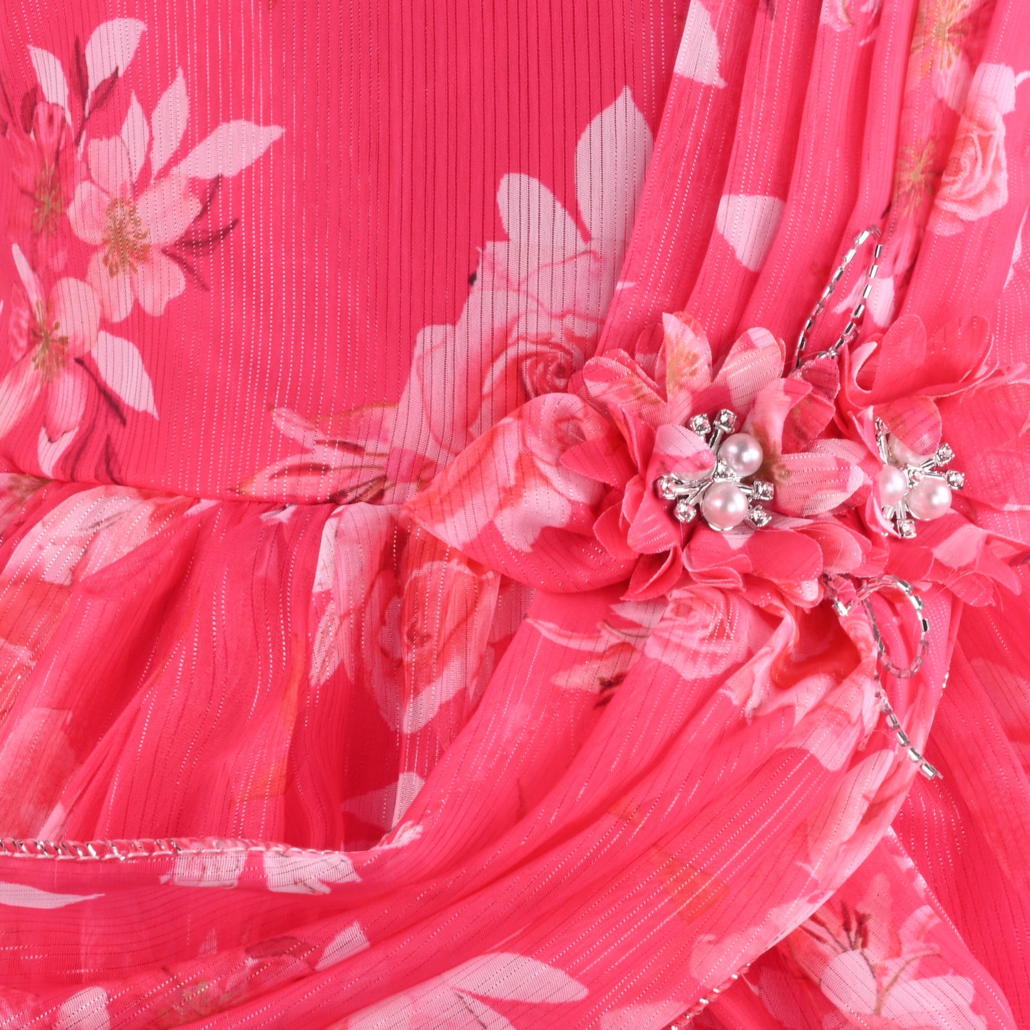 Elegant Floral Georgette Party Dress for Girls – Sleeveless Design with Drape and Flower Embellishment