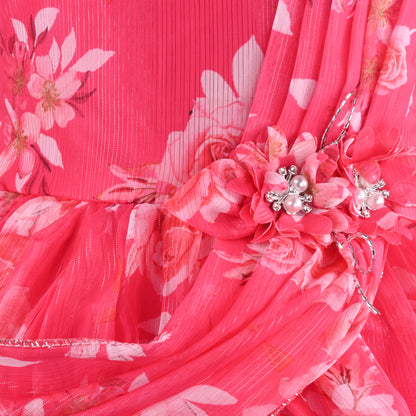 Elegant Floral Georgette Party Dress for Girls – Sleeveless Design with Drape and Flower Embellishment