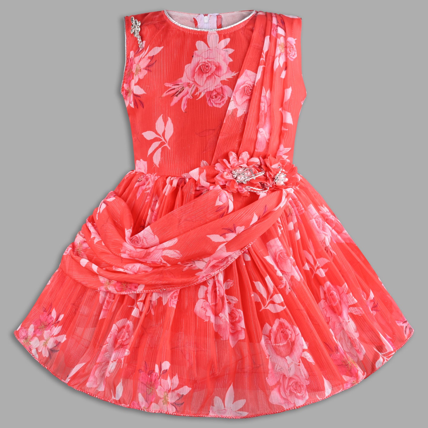 Elegant Floral Georgette Party Dress for Girls – Sleeveless Design with Drape and Flower Embellishment
