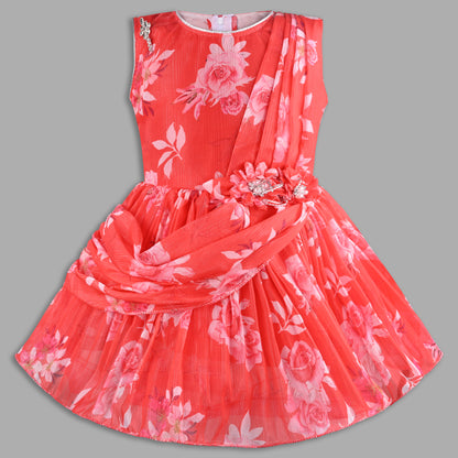 Elegant Floral Georgette Party Dress for Girls – Sleeveless Design with Drape and Flower Embellishment