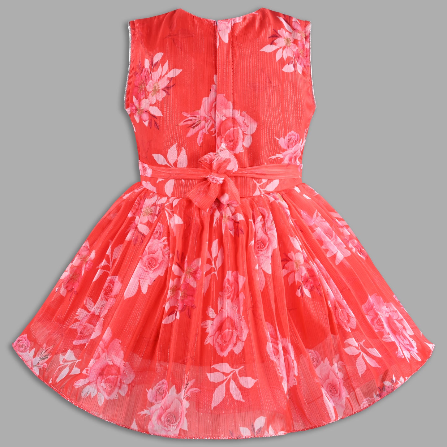 Elegant Floral Georgette Party Dress for Girls – Sleeveless Design with Drape and Flower Embellishment