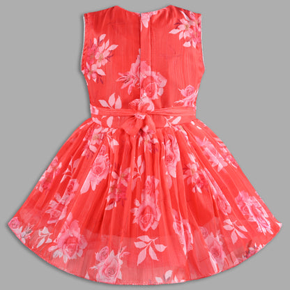 Elegant Floral Georgette Party Dress for Girls – Sleeveless Design with Drape and Flower Embellishment