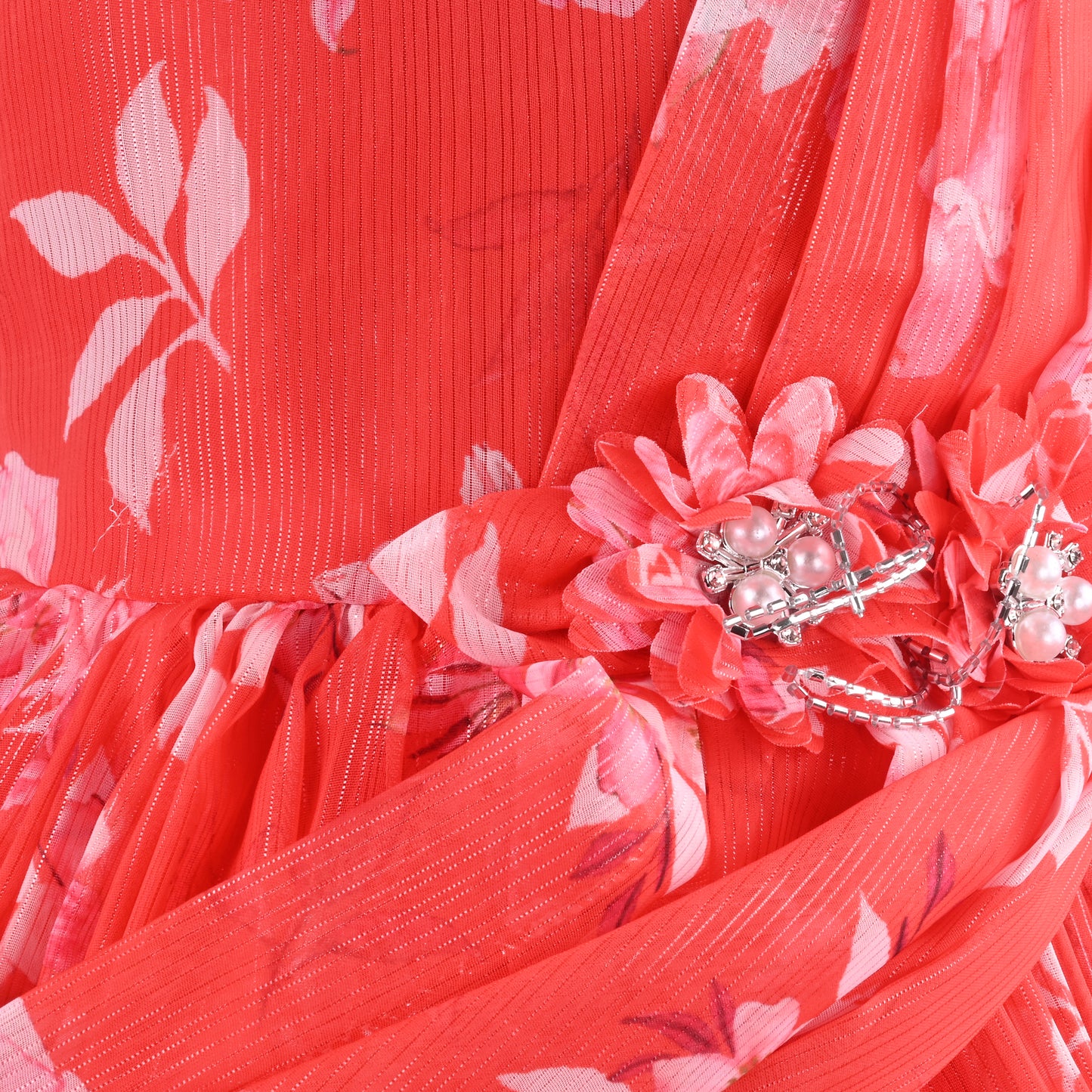 Elegant Floral Georgette Party Dress for Girls – Sleeveless Design with Drape and Flower Embellishment