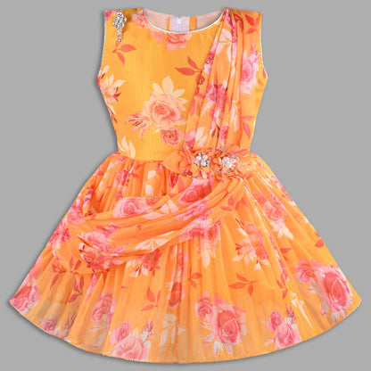 Elegant Floral Georgette Party Dress for Girls – Sleeveless Design with Drape and Flower Embellishment