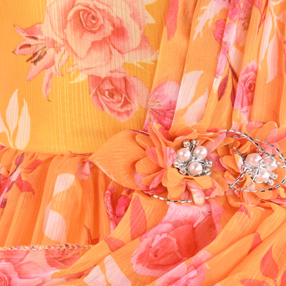 Elegant Floral Georgette Party Dress for Girls – Sleeveless Design with Drape and Flower Embellishment