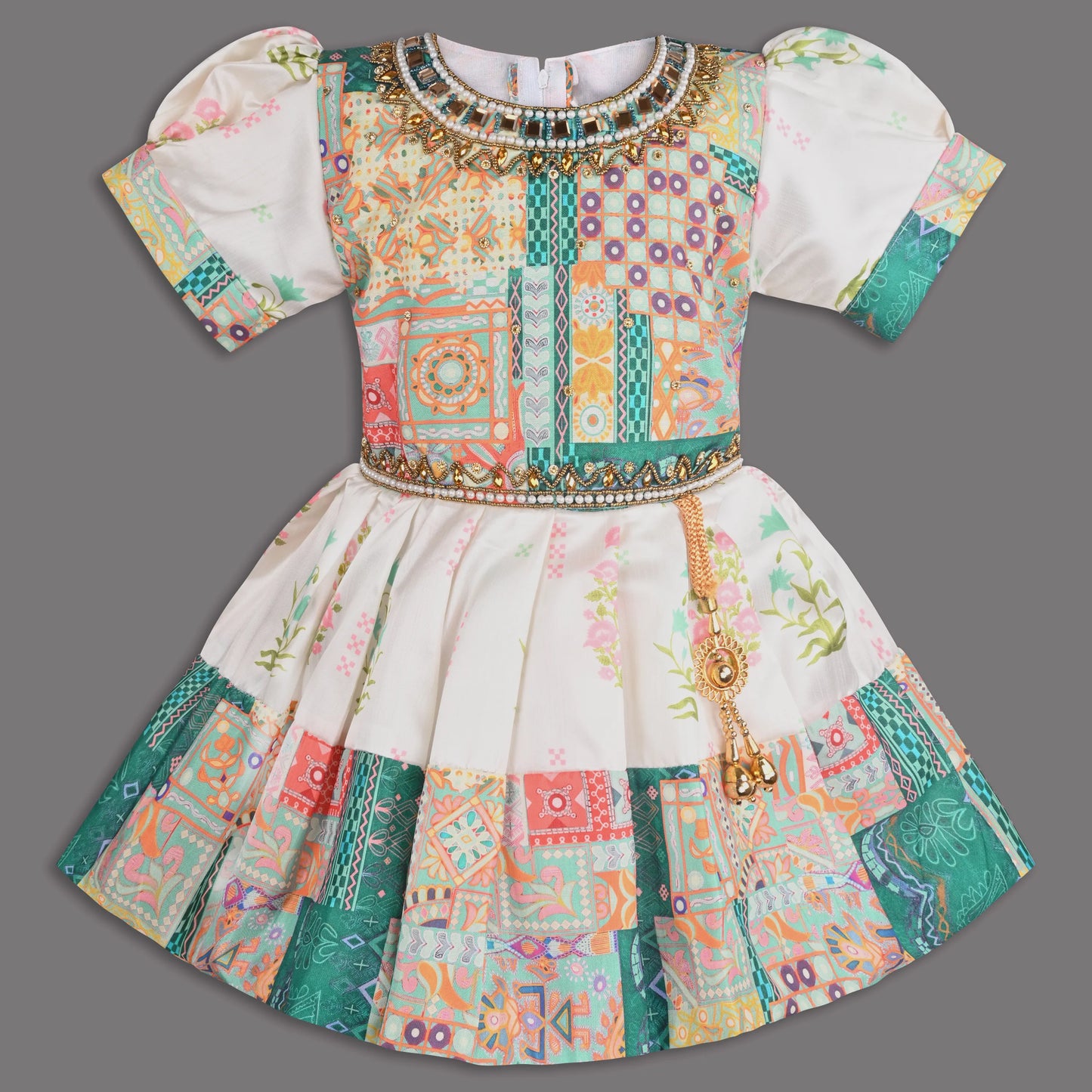 Multicolor Printed Satin Ethnic Frock with Beaded Neckline